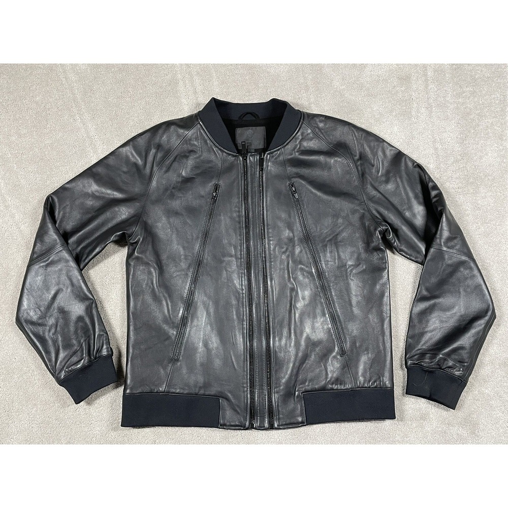 CADOGAN Black Leather Bomber Jacket Full Grain Napa Lined Blue Satin XXL